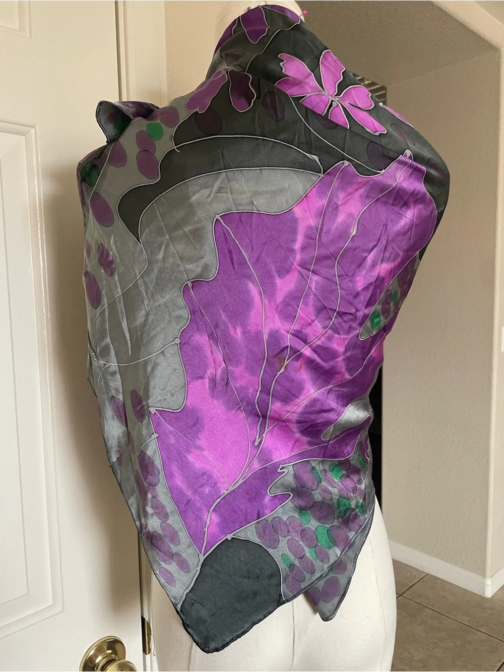 Silk Floral Print Scarf in Purple and Gray